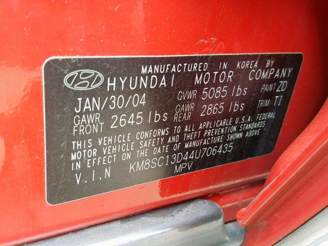 KM8SC13D44U706435 - 2004 HYUNDAI SANTA FE G RED photo 10