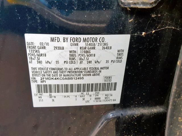 2FMDK4KC0ABB12495 - 2010 FORD EDGE LIMIT BLACK photo 10