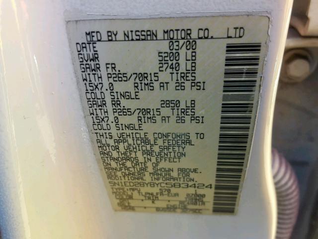 5N1ED28Y8YC583424 - 2000 NISSAN XTERRA XE WHITE photo 10