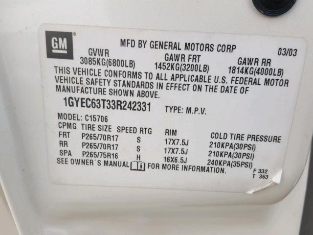 1GYEC63T33R242331 - 2003 CADILLAC ESCALADE L WHITE photo 10