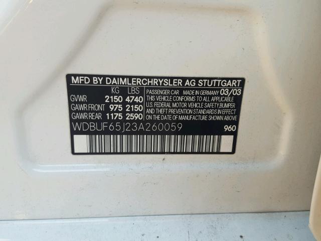 WDBUF65J23A260059 - 2003 MERCEDES-BENZ E 320 WHITE photo 10