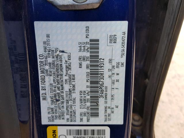 3FA6P0G73DR119312 - 2013 FORD FUSION S BLUE photo 10