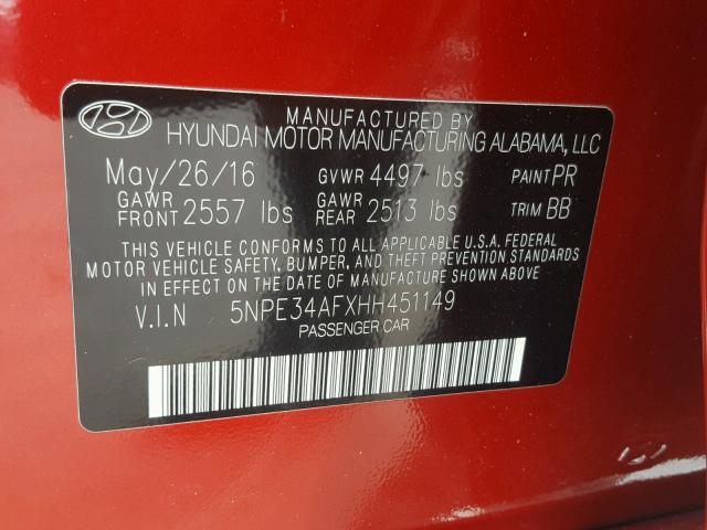 5NPE34AFXHH451149 - 2017 HYUNDAI SONATA SPO RED photo 10