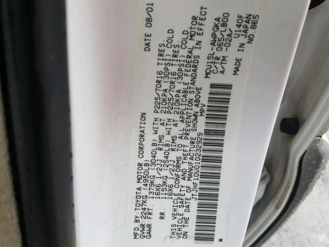 JTJHF10U010232929 - 2001 LEXUS RX 300 WHITE photo 10