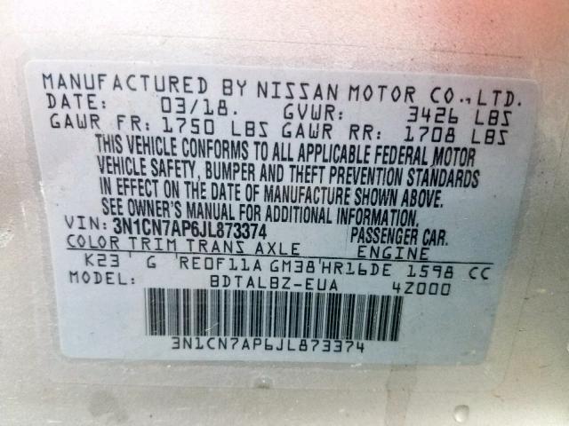 3N1CN7AP6JL873374 - 2018 NISSAN VERSA S SILVER photo 10