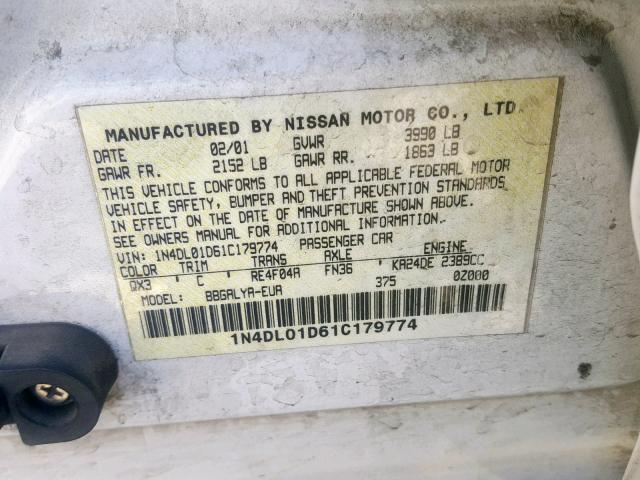 1N4DL01D61C179774 - 2001 NISSAN ALTIMA XE WHITE photo 10