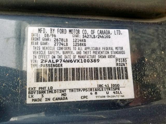 2FALP74W6VX100389 - 1997 FORD CROWN VICT BLUE photo 10