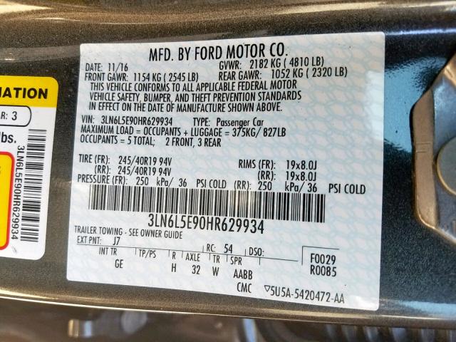 3LN6L5E90HR629934 - 2017 LINCOLN MKZ RESERV GRAY photo 10