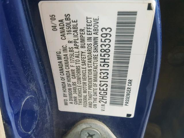 2HGES16315H583593 - 2005 HONDA CIVIC DX V BLUE photo 10