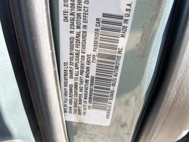 4S3BH635527308500 - 2002 SUBARU LEGACY L GREEN photo 10