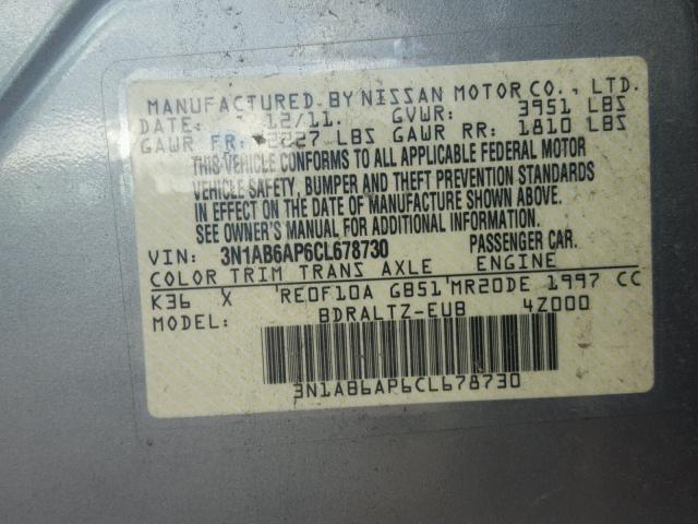 3N1AB6AP6CL678730 - 2012 NISSAN SENTRA 2.0 SILVER photo 10