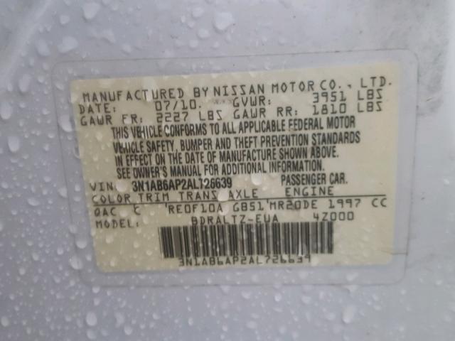 3N1AB6AP2AL726639 - 2010 NISSAN SENTRA 2.0 WHITE photo 10