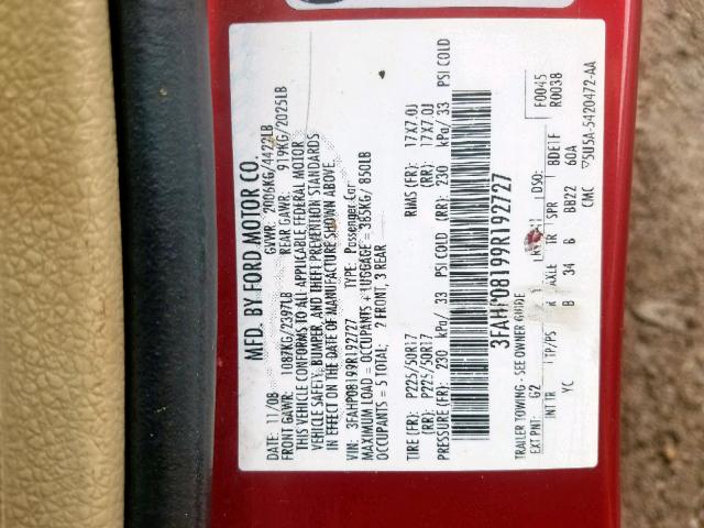 3FAHP08199R192727 - 2009 FORD FUSION SEL RED photo 10