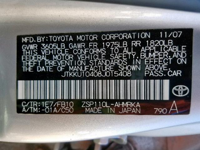 JTKKU10408J015408 - 2008 TOYOTA SCION XD SILVER photo 10