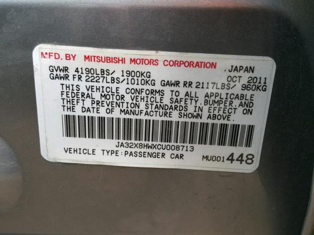 JA32X8HWXCU008713 - 2012 MITSUBISHI LANCER GT GRAY photo 10