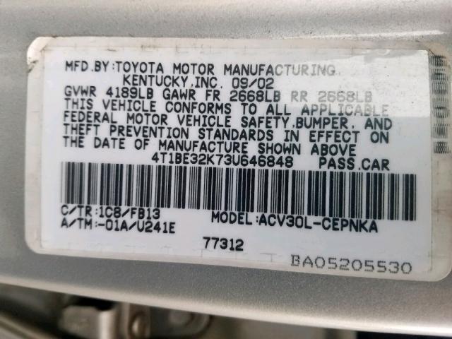 4T1BE32K73U646848 - 2003 TOYOTA CAMRY LE SILVER photo 10