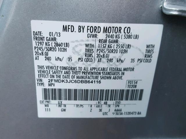 2FMDK3JC6DBB64116 - 2013 FORD EDGE SEL SILVER photo 10