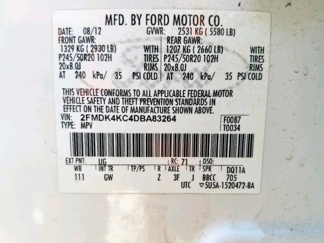 2FMDK4KC4DBA83264 - 2013 FORD EDGE LIMIT WHITE photo 10