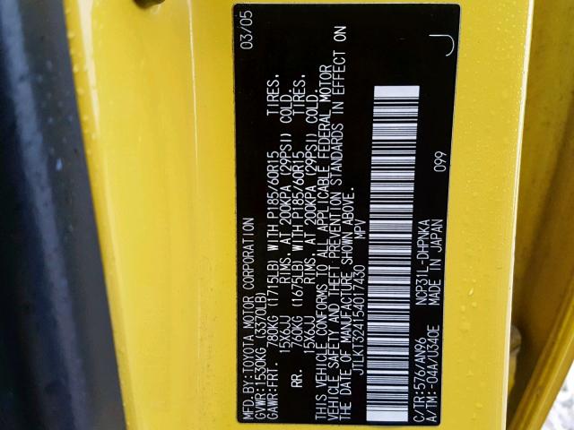 JTLKT324154017430 - 2005 TOYOTA SCION XB Сары фото 10