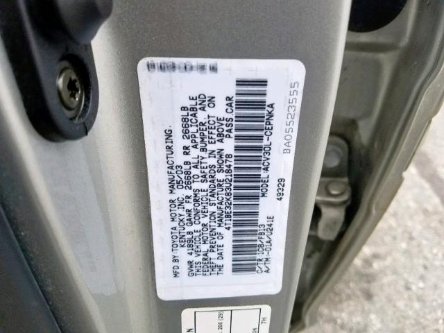 4T1BE32K83U218478 - 2003 TOYOTA CAMRY LE SILVER photo 10
