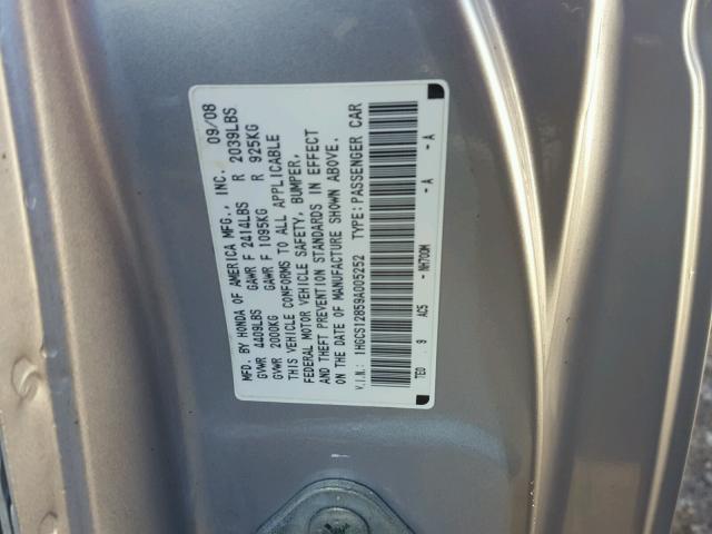 1HGCS12859A005252 - 2009 HONDA ACCORD EXL SILVER photo 10