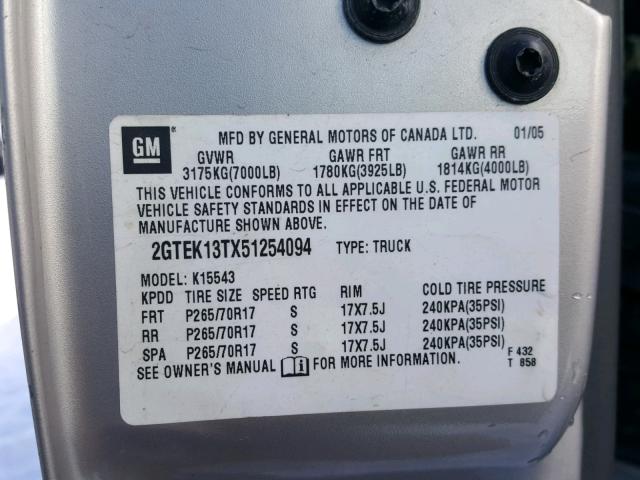 2GTEK13TX51254094 - 2005 GMC NEW SIERRA SILVER photo 10