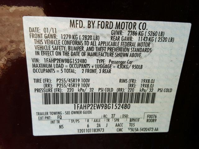 1FAHP2EW9BG152480 - 2011 FORD TAURUS SEL BURGUNDY photo 10