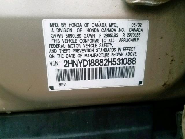 2HNYD18882H531088 - 2002 ACURA MDX TOURIN GOLD photo 10