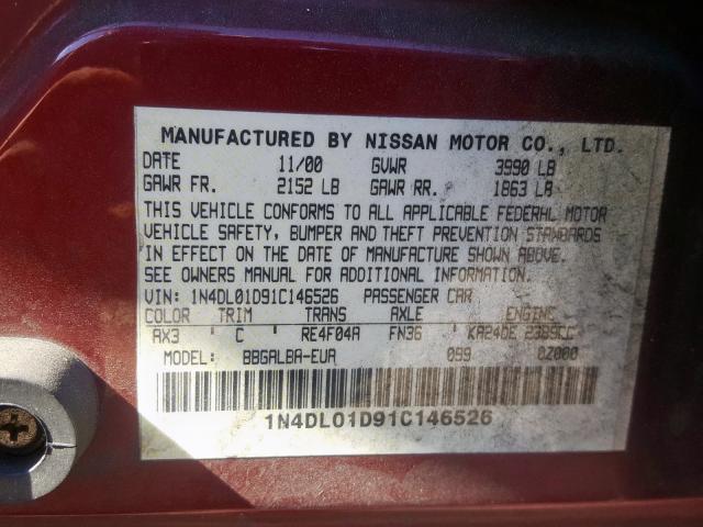 1N4DL01D91C146526 - 2001 NISSAN ALTIMA XE RED photo 10