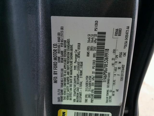 1FA6P0G70E5369918 - 2014 FORD FUSION S GRAY photo 10