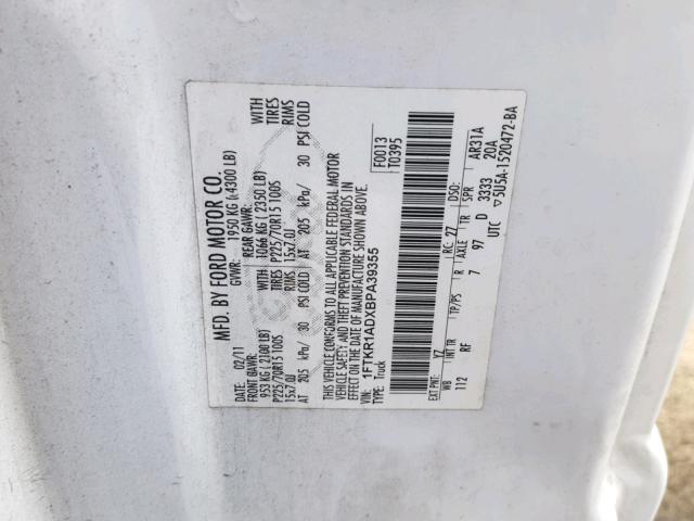 1FTKR1ADXBPA39355 - 2011 FORD RANGER WHITE photo 10