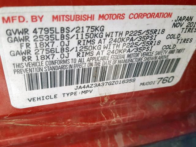 JA4AZ3A37GZ016359 - 2016 MITSUBISHI OUTLANDER RED photo 10