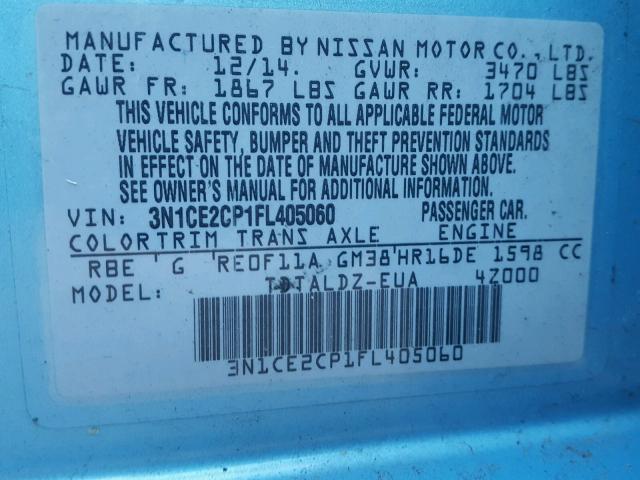 3N1CE2CP1FL405060 - 2015 NISSAN VERSA NOTE BLUE photo 10