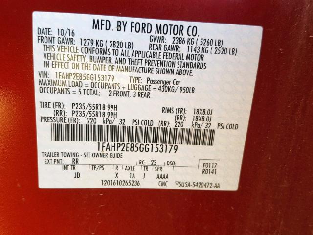 1FAHP2E85GG153179 - 2016 FORD TAURUS SEL RED photo 10