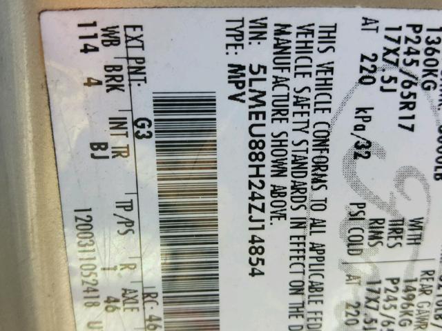 5LMEU88H24ZJ14854 - 2004 LINCOLN AVIATOR 金色 照片 10