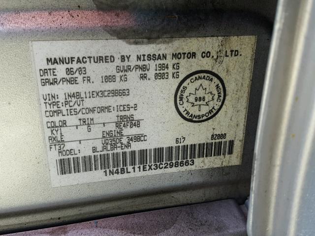 1N4BL11EX3C298663 - 2003 NISSAN ALTIMA SE SILVER photo 10