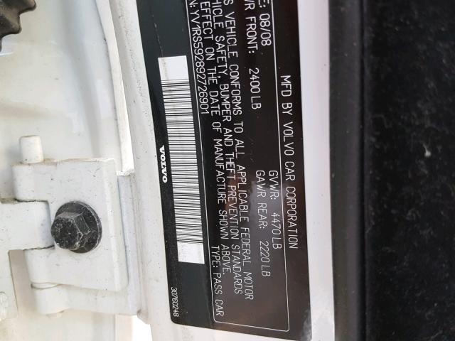 YV1RS592892726901 - 2009 VOLVO S60 2.5T WHITE photo 10