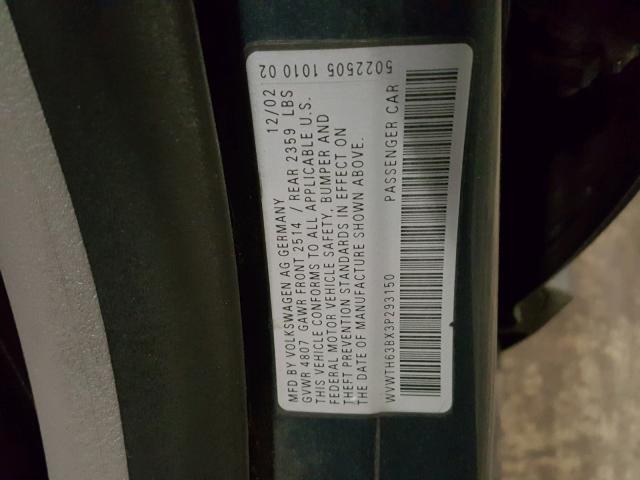 WVWTH63BX3P293150 - 2003 VOLKSWAGEN PASSAT GLX GRAY photo 10