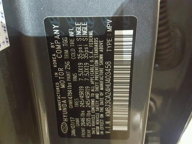 KM8J3CA24HU403458 - 2017 HYUNDAI TUCSON LIM GRAY photo 10