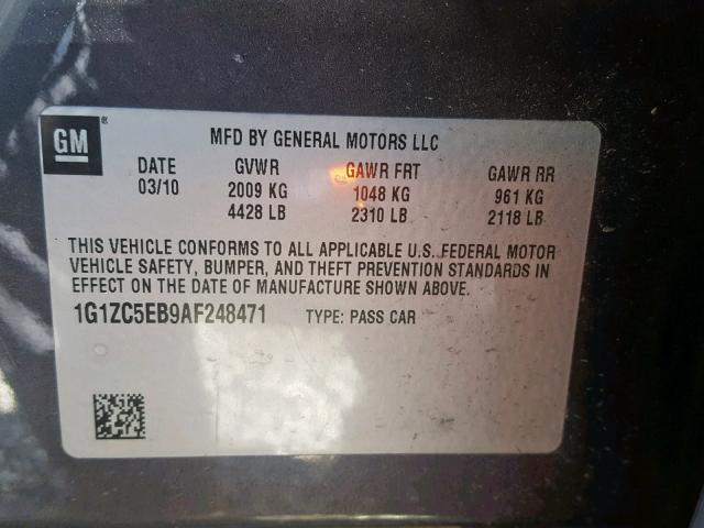 1G1ZC5EB9AF248471 - 2010 CHEVROLET MALIBU 1LT 灰色 照片 10