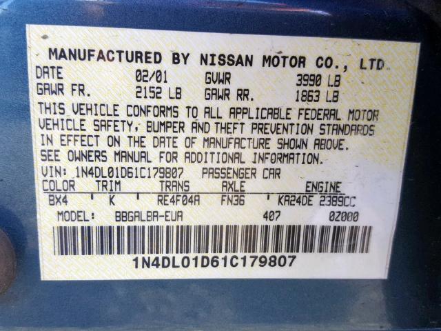 1N4DL01D61C179807 - 2001 NISSAN ALTIMA XE BLUE photo 10