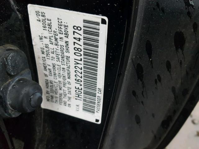 1HGEJ6222YL087478 - 2000 HONDA CIVIC DX BLACK photo 10