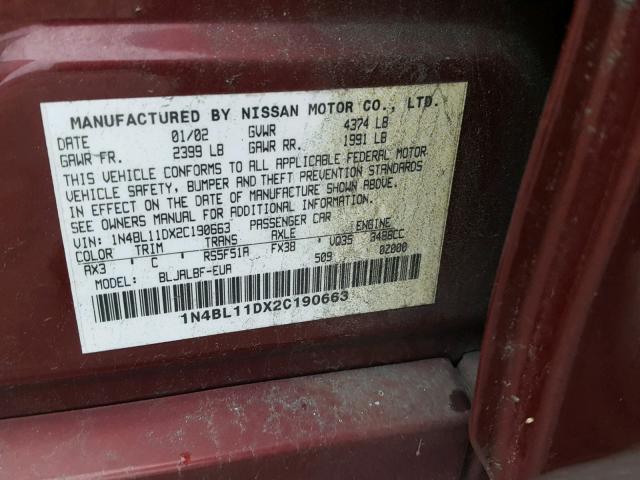 1N4BL11DX2C190663 - 2002 NISSAN ALTIMA SE BURGUNDY photo 10