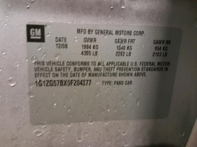 1G1ZG57BX9F204377 - 2009 CHEVROLET MALIBU LS ვერცხლისფერი ფოტო 10