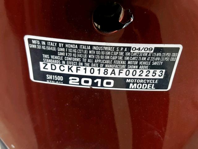 ZDCKF1018AF002253 - 2010 HONDA SH150 D RED photo 10