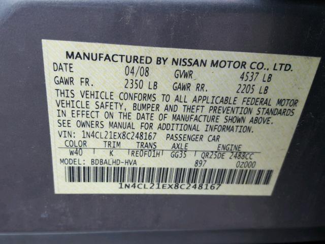 1N4CL21EX8C248167 - 2008 NISSAN ALTIMA HYB GRAY photo 10