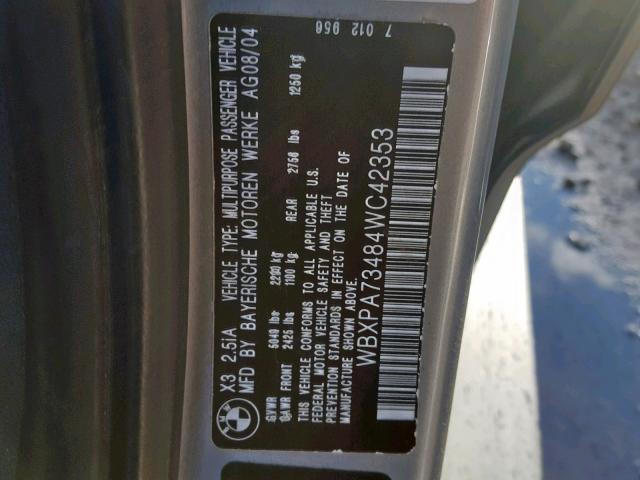 WBXPA73484WC42353 - 2004 BMW X3 2.5I SILVER photo 10