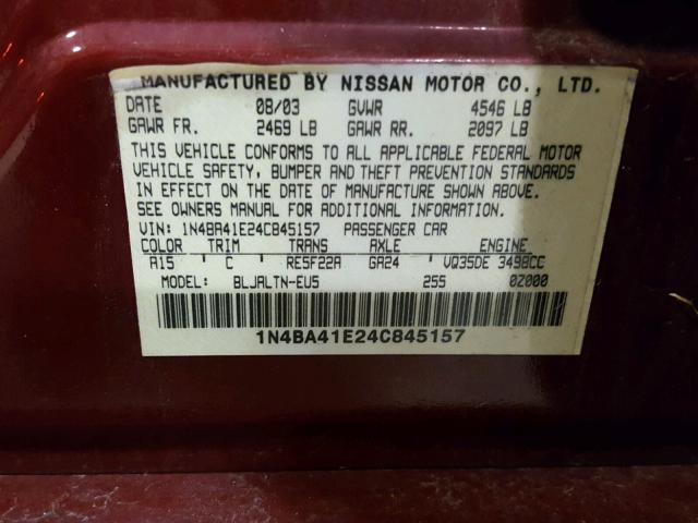 1N4BA41E24C845157 - 2004 NISSAN MAXIMA SE BURGUNDY photo 10