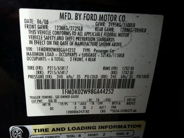 1FMDK02W98GA44252 - 2008 FORD TAURUS X S BLACK photo 10