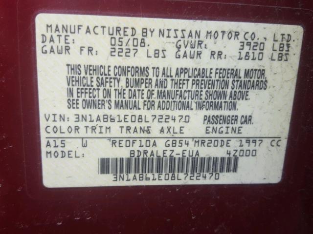 3N1AB61E08L722470 - 2008 NISSAN SENTRA 2.0 RED photo 10